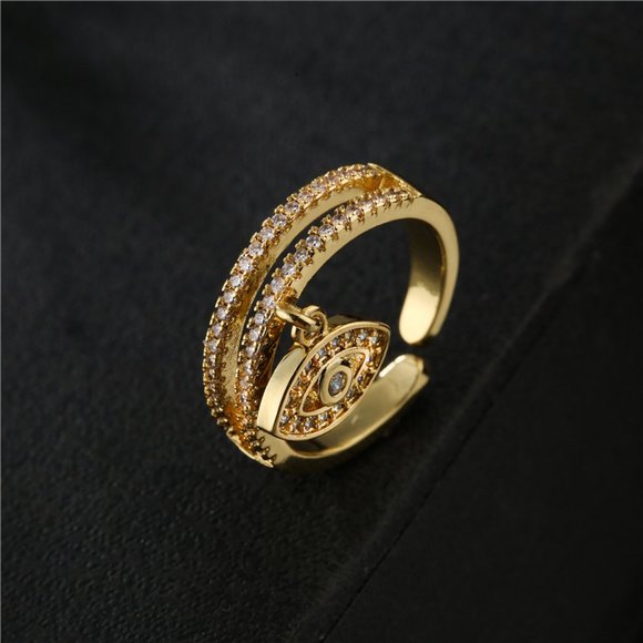 3/$35 Copper Open Ring Double Row Evil Eye Dangle Charm Gold Cubic Zirconia - Picture 5 of 7